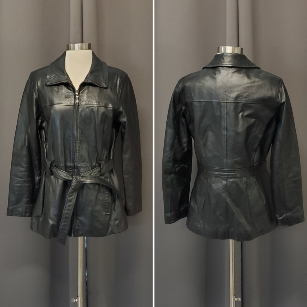 Vintage 90s y2k‎ Bratz Black Leather Mid Length Belted Insulated Coat Jacket Md